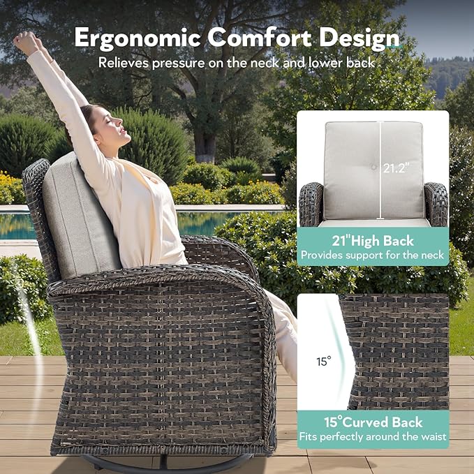 7 Piece Patio Furniture Set with Fire Pit Table - Wicker Patio Conversation Set with 4 Swivel Glider Chairs and 2 Tempered Glass Side Tables for Deck Backyard - Brown Wicker Beige Cushion