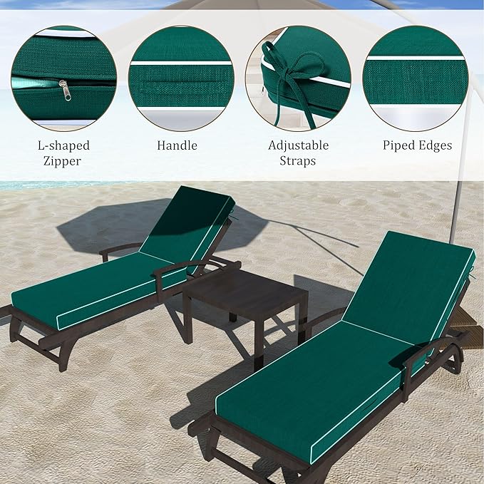 Chaise Lounge Cushions Outdoor Furniture 72 x 21 Inch Olefin Patio Lounge Chair Cushions 4'' Thick Waterproof Outdoor Chaise Cushion Weather Resistant Pool Lounger Cushion (Dark Green)