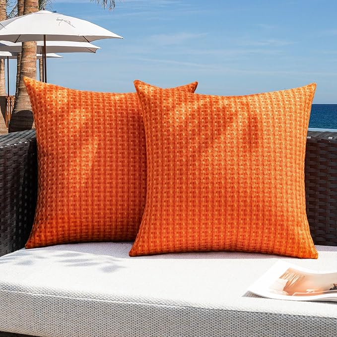 Kevin Textile Fall Outdoor Waterproof Throw Pillow Covers Pack of 2 Farmhouse Decorative Cushion Covers for Garden Patio Tent Balcony Bench Couch Sofa 24x24 Inch, Orange