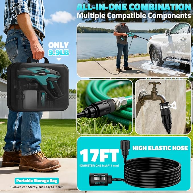 Cordless Pressure Washer, 800PSI Brushless Power Washer with 18V 4.0Ah Battery, 17FT High Elastic Hose, 6-in-1 Nozzle and Storage Handbag, 3 Power Level Portable Pressure Washer for Home, Car, Garden