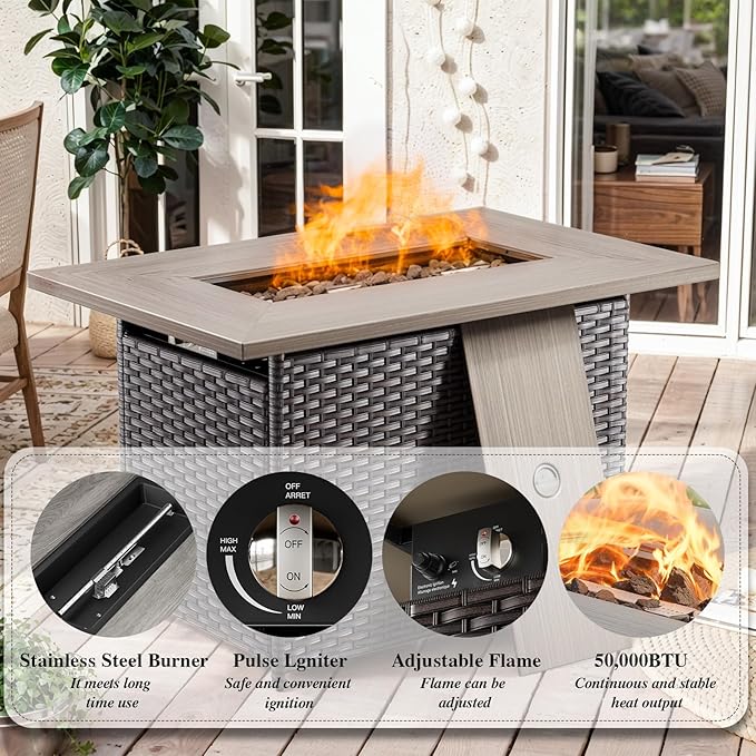 HUMMUH 6-Piece Patio Furniture Set with Fire Pit Table Wicker Outdoor Swivel Rocker Patio Chairs High Back Loveseat Conversation Set for Porch, Backyard, Deck