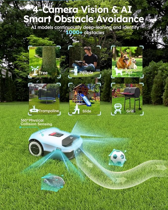 Robot Lawn Mower with Garage - NO Wire Robotic Lawnmower 0.22 Acre, Full Band RTK+4-Eye Vision, Automatic Mapping, 20 Multi-Zone Management, Accurate Obstacle Avoidance, APP Control