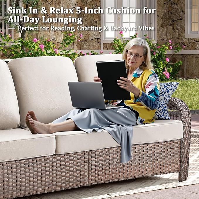 9 Pieces Patio Furniture Set Outdoor Sectional Sofa Couch with Rocking Swivel Chairs 5" Deep Seat Chairs, Modern Wicker Rattan Conversation Set, Beige/Brown Wicker