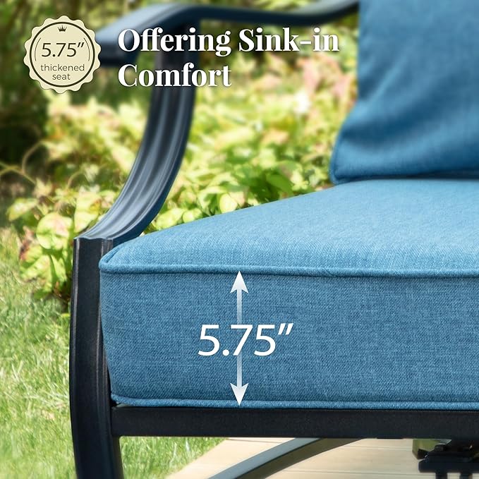 Patio Furniture Set, 4 Pcs Metal Outdoor Conversation Set, 2 Rocking Chairs and 3 Seater Sofa with 5.75" Extra Thick Cushion and Gas Fire Pit Table for Backyard Deck, Navy Blue