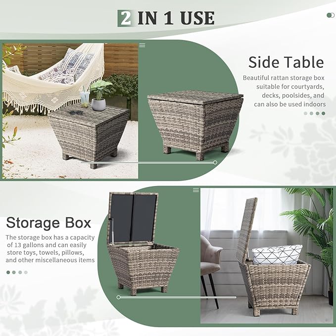 Outvita Outdoor Side Table, Rattan Coffee Table with Storage 13 Gallon Patio Small Deck Storage Box for Cushion Towel Books, Brown Side Table with lid