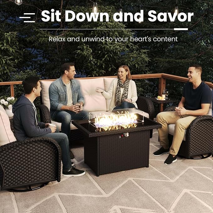7 Pieces Patio Furniture Sets with Fire Pit Table, Wicker Rattan High Back Outdoor Swivel Rocking Chairs Set with 3-Seat Couch, Ottomans and Side Table