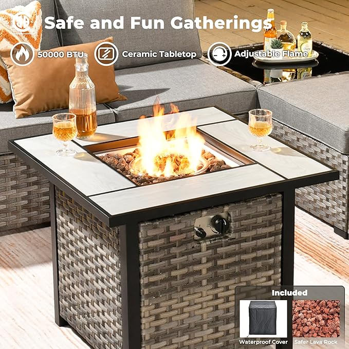 ovios 9 Pieces Patio Furniture Set, Outdoor Wicker Sectional Sofa with 30" Fire Pit Table Swivel Chair, Modern Modular Deep Seat Rattan Couch Conversation Sets, Dark Grey