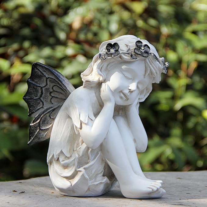 Leekung Ivory White Resin Sculpture, Angel Figurine with Solar Powered Lights for Outdoor Decor, Garden Decorations & Memorial Gifts