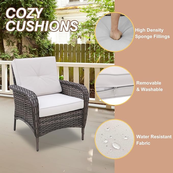COOS BAY Vintage Courtyard Patio Chairs, Wicker Armchairs, Rattan Patio Dining Set of 2, Outdoor Seating for Deck or Balcony, Gray/Beige