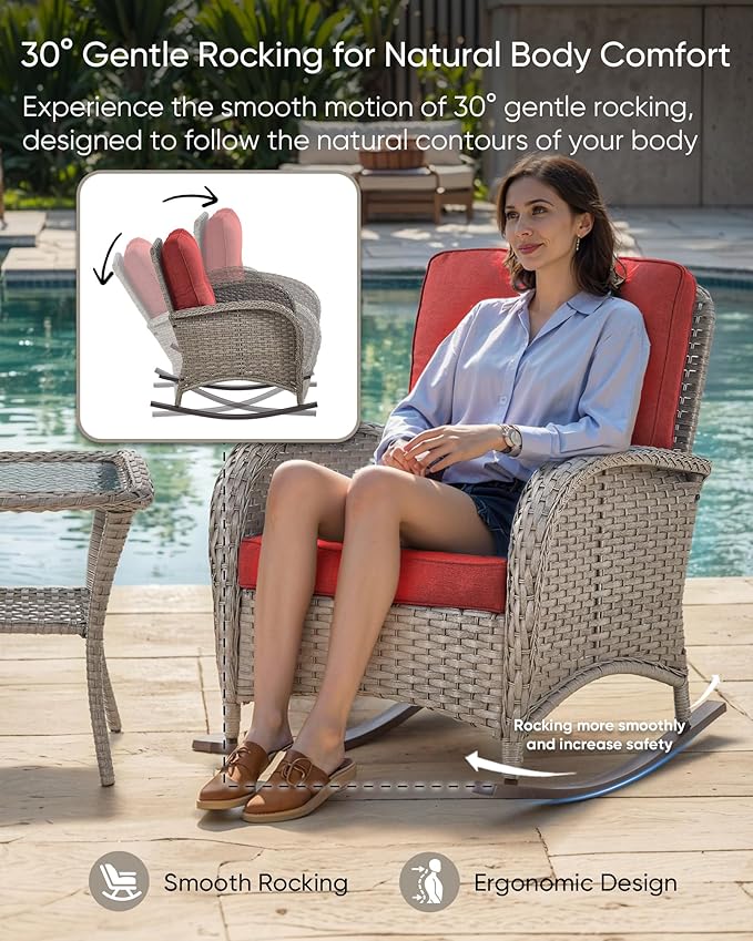 HUMMUH Outdoor Bistro Set-High Back Outdoor Rocking Chair with Side Table Patio Table and Chairs Set for Deck Lawn Porch Balcony Poolside-Grey/Red