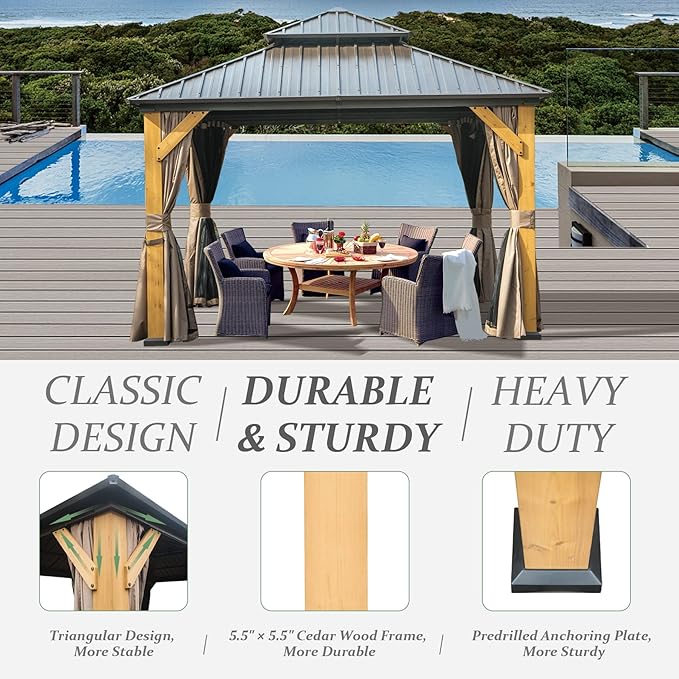 Domi 12' X 12' Wood Gazebo, Cedar Frame Hardtop Gazebo with Galvanized Steel Double Roof, Netting & Curtains, Patio Pergola Pavilion for Patio, Backyard, Deck, Lawns