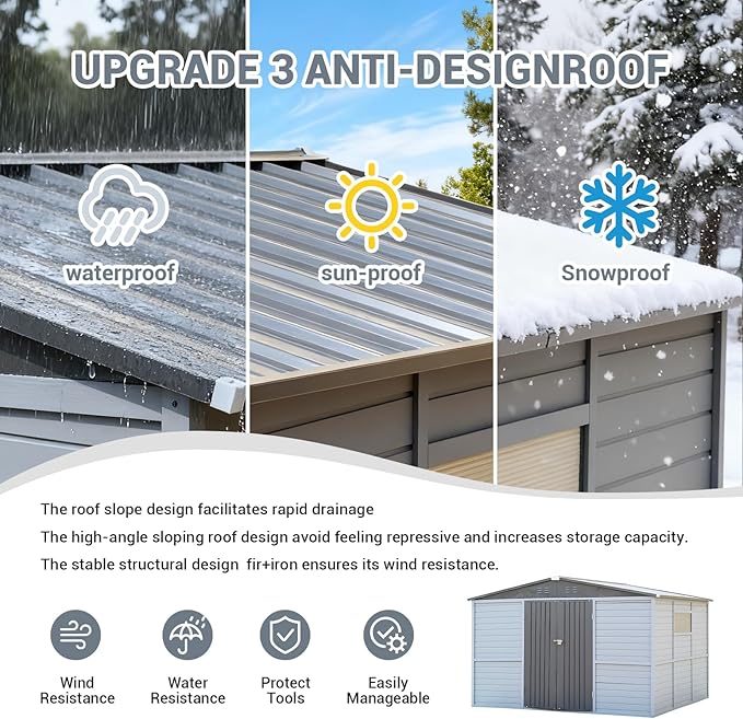 Galvanized Steel Frame & Solid Fir Wood Wall Shed | 8x10ft Outdoor Storage Shed with 10-Grade Waterproof Roof & 9-Level Wind Resistance, Lockable Double Doors & Windows for Garden, Lawn, Patio