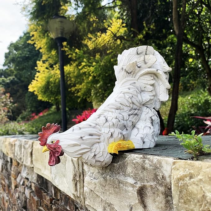 Garden Statues Cock Art Decoration Rooster Figurine Waterproof Chicken Sculpture Ornaments for Garden Yard Pathway Fence Porch Lawn (White)