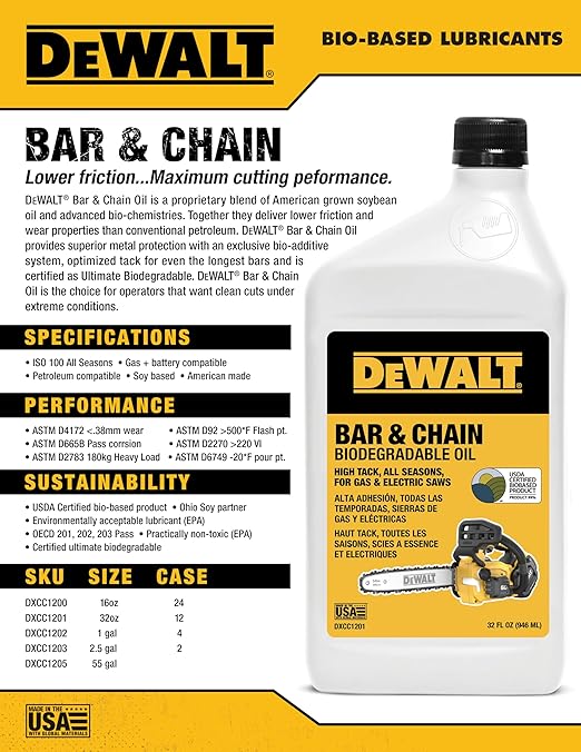 DEWALT – Biodegradable Bar & Chain Oil – Green, Eco-Friendly, Non-Toxic Professional Bar & Chainsaw Lubricant – Ultraclean All-Season Oil for Gas, Electric Saw, and Pole Saw, 32 oz (Case of 12)