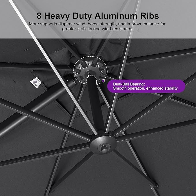 PURPLE LEAF 8 FT Outdoor Umbrella with Base Patio Cantilever Aluminum Umbrella with 3 Years Fade Resistance Recycled Fabric Offset Square with 360-degree Rotation for Deck Pool Garden, Graphite Grey