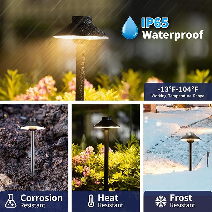 Gardenreet Outdoor Brass Pathway Lights - Black Low Voltage Landscape Path Lighting Wired, 12v Walkway Light LED IP65 Waterproof, Hat-Top for Outside Garden Yard Driveway G4 Bulb Not Included