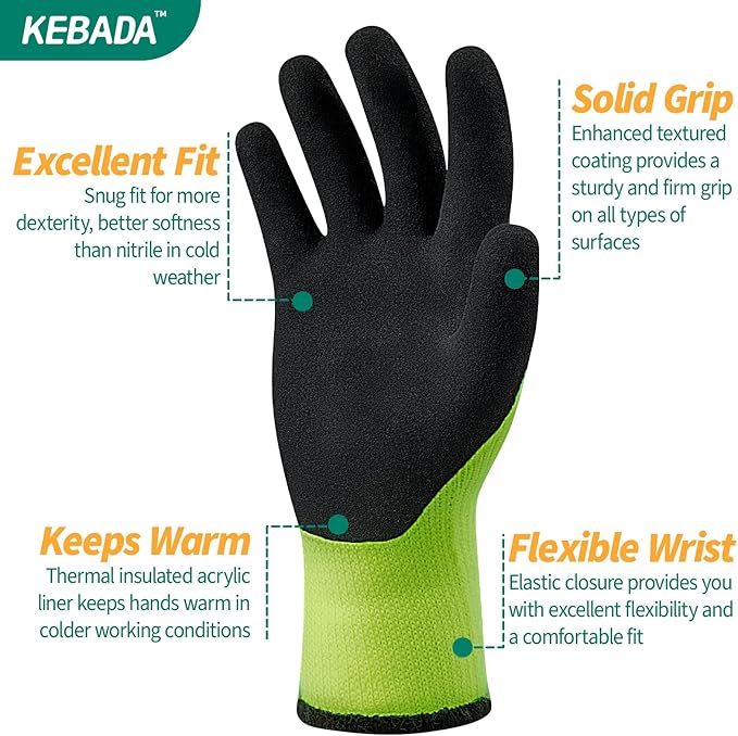 Kebada T3 Winter Work Gloves for Men and Women, Warm Knit Cold Weather Work Gloves, Thermal Insulated Freezer Gloves, 100% Latex Coating Non-slip Grip, Long Wrist Design, 3 Pairs, Green, Medium