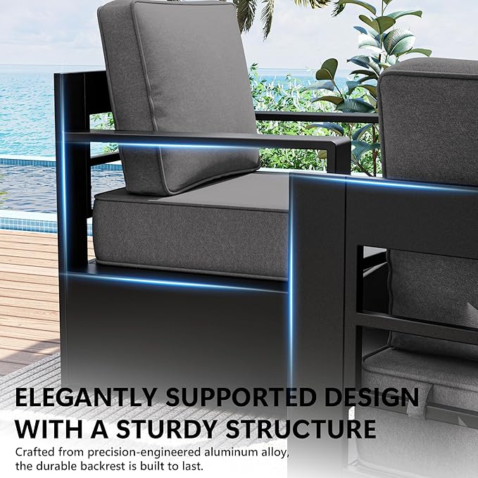 Outdoor Patio Furniture Aluminum Patio Chairs, All-Weather Metal Outdoor Chair with 6 Inch Thick Cushions, Deep Setting for Garden, Outside and Porch