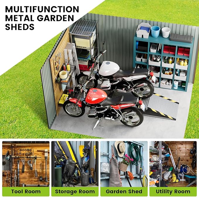 10x12 Ft Outdoor Metal Storage Shed, Galvanized Steel Garden Sheds with Lockable Doors, Extra Large Utility and Tool Storage for Patio Lawn Backyard Outside Use, Grey