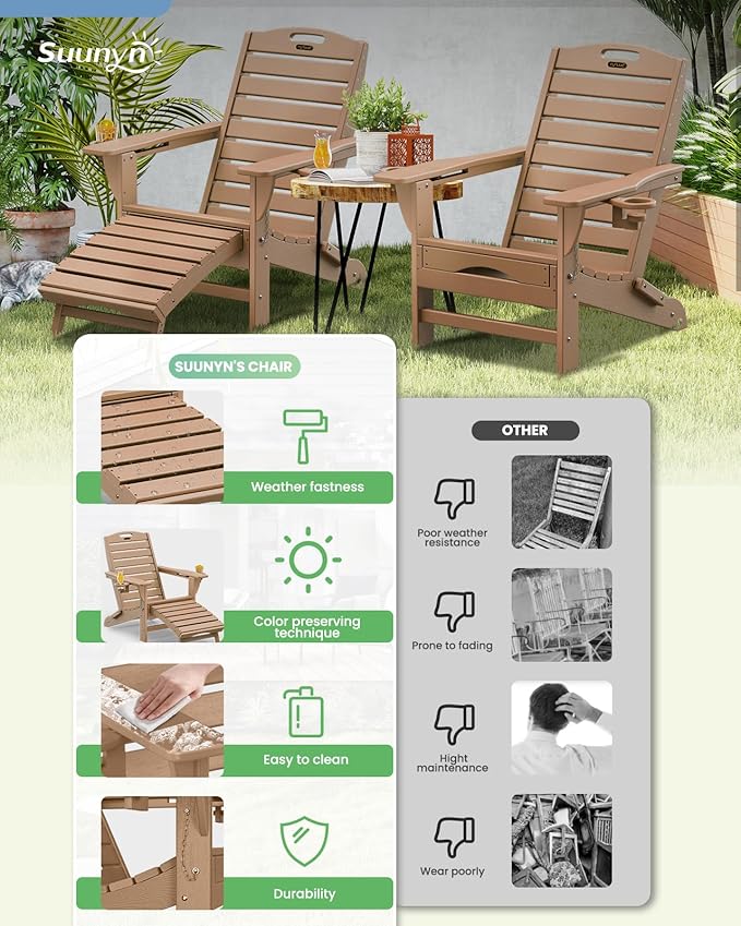 Folding Adirondack Chairs Set of 6,Adirondack Chair with Retractable Ottoman,Plastic Adirondack Chairs with 2 Cup Holder,Weather Resistant Patio Chair,Outdoor Chairs Set of 6(Teak)