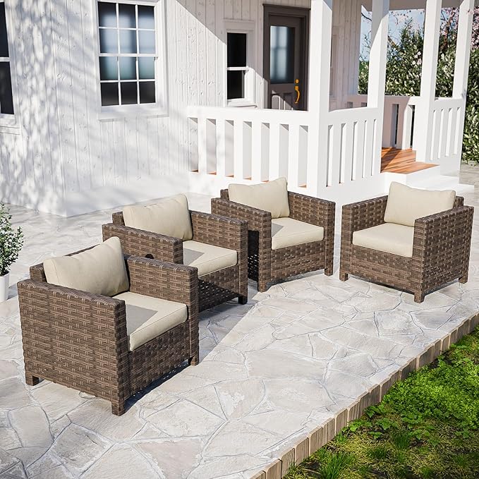 EAGLE PEAK Harbor Haven 4 Piece Wicker Patio Chair, Deep Seating Armchair, Weather Resistant Outdoor Furniture for Patio, Deck, Garden, Brown/Beige