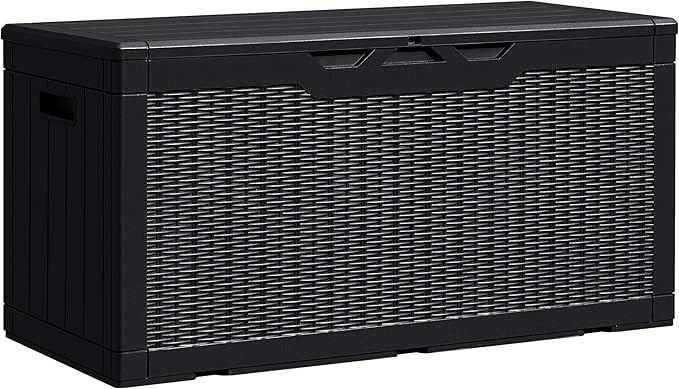 105 Gallon Deck Box Outdoor Indoor Waterproof Storage Box for Patio Furniture, Pool Accessories, Garden Tools, and Cushion Storage, Coffee