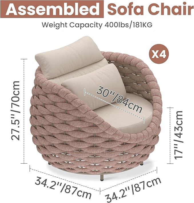 4 PCS Outdoor Accent Chair: Aluminum Woven Rope Patio Chair Modern - Cushioned Single Chair Assembled - All Weather Deck Furniture for 400lbs Porch Lanai Yard Balcony Garden Hotel, Terracotta