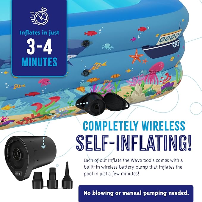 Blue Inflatable Swimming Pool (120" x 72.8" x 23.6") Built-in Air Pump Inflatable Kiddie Pool, Family Pools for Kids and Adults - Self Inflating Backyard Blow Up Pool for Toddlers & Babies (Large)