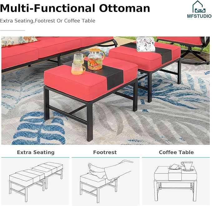 MFSTUDIO 8 Pieces Patio Furniture Sets with 45" Gas Fire Pit Table(Up to 9 Seat),Outdoor Metal Conversation Sofas with 1 x 3-Seat Sofa, 2 Single Chairs,2 Swivel Chairs and 2 Ottoman,Red Cushion