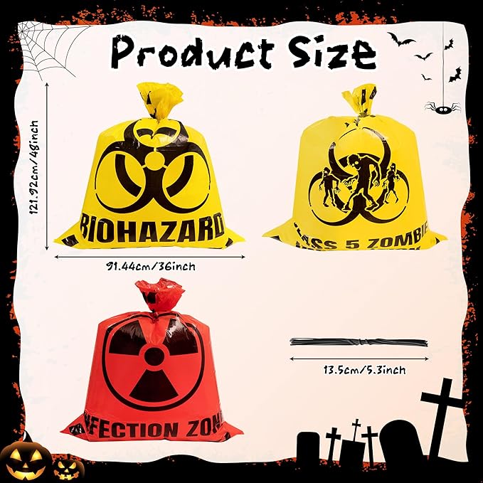 CNhoqc Halloween Lawn Trash Bags - 6Pcs Zombie Warning Reusable Waste Bags with Twist Ties, Fallen Leaf Grass Clipping Trash Container, Heavy-Duty Plastic for Biohazard Parties Outdoor Decorations