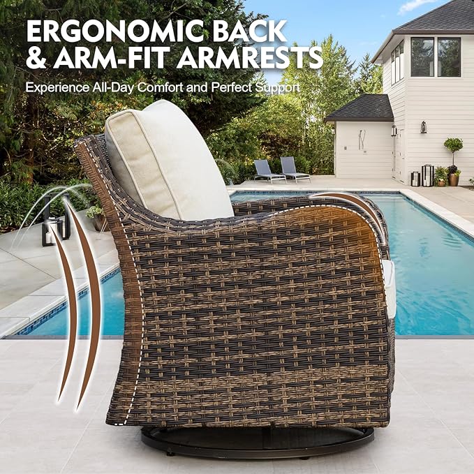 MEISSALIVVE 5 Pieces Patio Furniture Set with 43" Fire Pit Table, Wicker Patio Conversation Set with Swivel Rocking Chairs, Outdoor Patio Set for Lawn Backyard Porch (Brown)