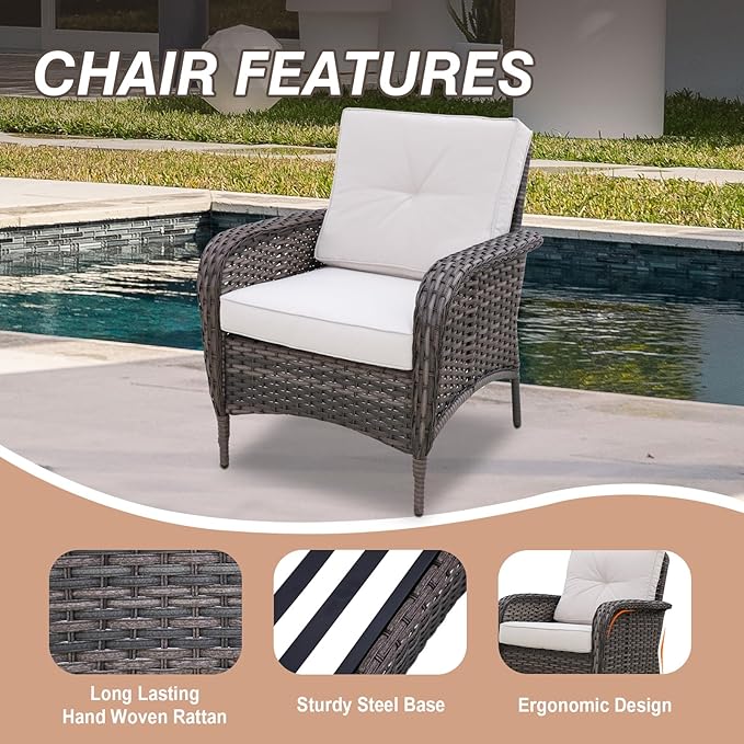 COOS BAY Vintage Courtyard Patio Chairs, Wicker Armchairs, Rattan Patio Dining Set of 2, Outdoor Seating for Deck or Balcony, Gray/Beige