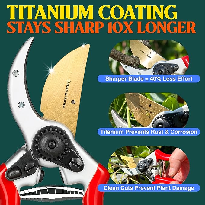 Haus & Garten ClassicPRO 8.5" Professional Premium Titanium Bypass Pruning Shears - Use As Pruners, Garden Shears, Heavy Duty Handheld Pruning Shears For Gardening, Clippers, Pruner Scissor Tool