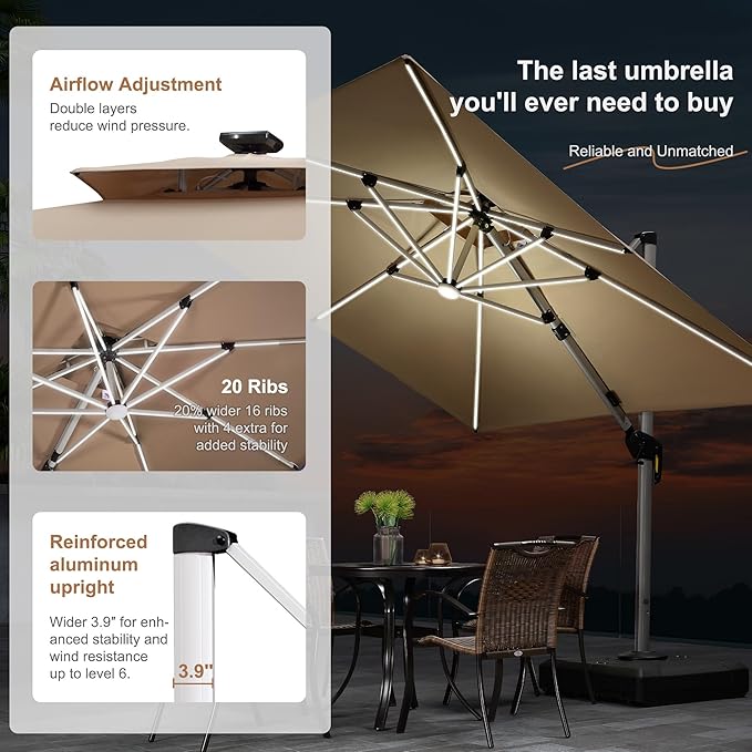 PURPLE LEAF 11 Feet Double Top Deluxe Solar Powered LED Square Patio Umbrella Offset Hanging Umbrella Outdoor Market Umbrella Garden Umbrella, Beige