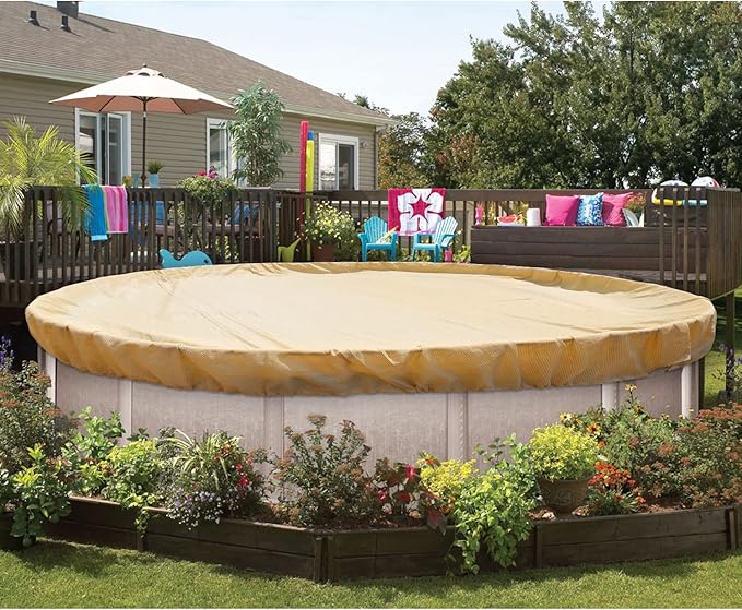 ECOOPTS Round Pool Cover for Above Ground Pools, Swimming Pool Cover Protector Winter Safety Cover (12 ft, Beige)