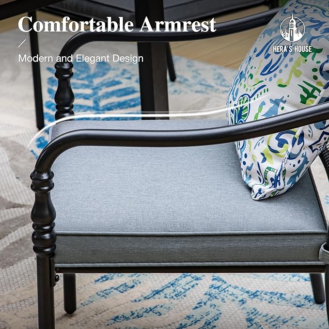 HERA'S HOUSE Metal Patio Table and Chairs Set, 7 Piece Outdoor Dining Set, 6 x Cushioned Chairs with 64" Rectangular Wood-Like Table for Backyard Garden Lawn Restaurant
