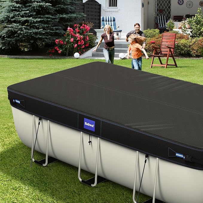 9x18 Ft Rectangular Pool Cover with Reflective Strips for Above Ground Pool, 420D Swimming Pool Cover for Rectangular or Oval Frame Pools, Solar Cover with Drawstring and Ground Nails