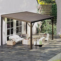 8x10FT Lean to Gazebo, Outdoor Metal Hardtop Wall Mounted Gazebo with Gutter & Sloping Galvanized Steel Roof, Hard Top Awnings/Shelter for Deck, Porch, Backyard- Brown