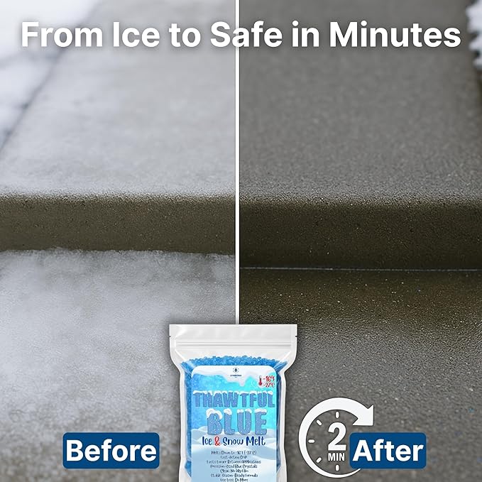 Thawtful Blue Ice & Snow Melt – Snow Melt, Rock Salt, Driveway & Sidewalk Salt for Ice, Blue Granular Rock Salt, Melts to −16°F (−27°C) – Resealable Zip Bag (4 QUARTS - 8.5 lb.)
