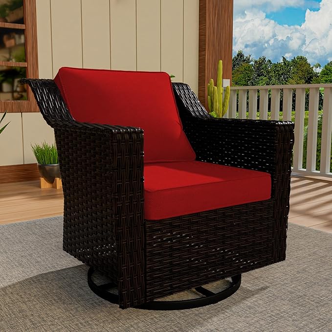Vista Vibe Outdoor Patio Deep Seat Luxurious Chair - 360 Degree Swivel Glider Rocker Chair with Washable Cushions, Hand-Woven & All-Weather PE Rattan, Balcony, Yard (Brown/Red)