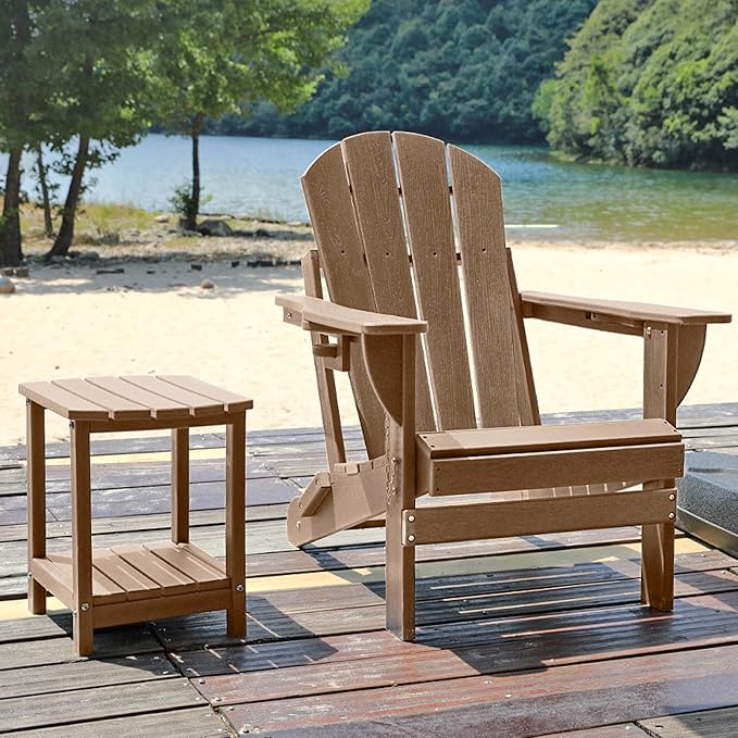 Folding Adirondack Chair, HDPE Outdoor Texture Lawn Chair with Reclining Back, Cup and Phone Holder - Comfortable Firepit Chair Weather Resistant for Patio or Backyard (Brown, Set of 2)