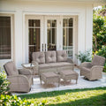 6 Piece Patio Furniture Set - Wicker Patio Conversation Set with Swivel Glider, 3-Seater Sofa, Tempered Glass Side Table and 2 Ottomans for Deck Backyard - Grey Wicker Grey Cushion