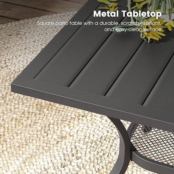 DIFY 5 Pieces Outdoor Patio Dining Set for 4, 37.8" Black Metal Square Dining Table and 4 Brown Textilene Patio Swivel Chairs, Outdoor Table and Chairs