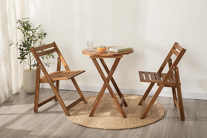 Acacia Wooden Chairs Set of 2, Folding Waterproof Small Patio Chairs with Waterproof and UV Coating, Indoor Outdoor Bistro Set for Garden Balcony Patio Lawn Living Room