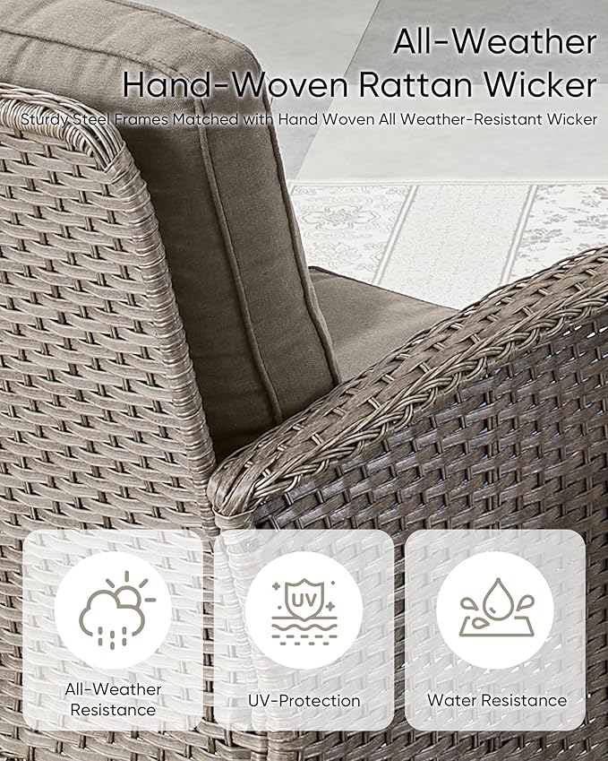 Patio Furniture-All Weather Wicker Patio Conversation Sets with Swivel Patio Chairs High Back Outdoor Couch with Swivel Rocking Chairs Outdoor Furniture for Deck Lawn Porch Balcony Poolside-Grey/Grey