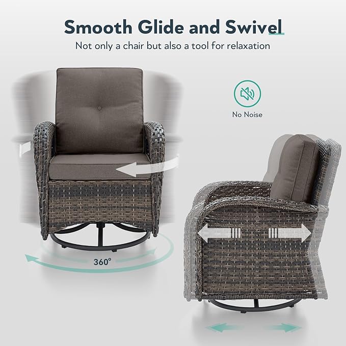 7 Piece Patio Furniture Set with Fire Pit Table - Wicker Patio Conversation Set with 4 Swivel Glider Chairs and 2 Tempered Glass Side Tables for Deck Backyard - Brown Wicker Grey Cushion