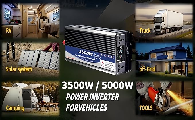 3500W Power Inverter 48V DC to 110V AC Converter with LED Display Dual AC Outlets Dual Fans Radiating for RV, Camp, Boat and Home Emergency Portable Pure Sine Wave Inverter (Smart Screen, 3500W 48V)
