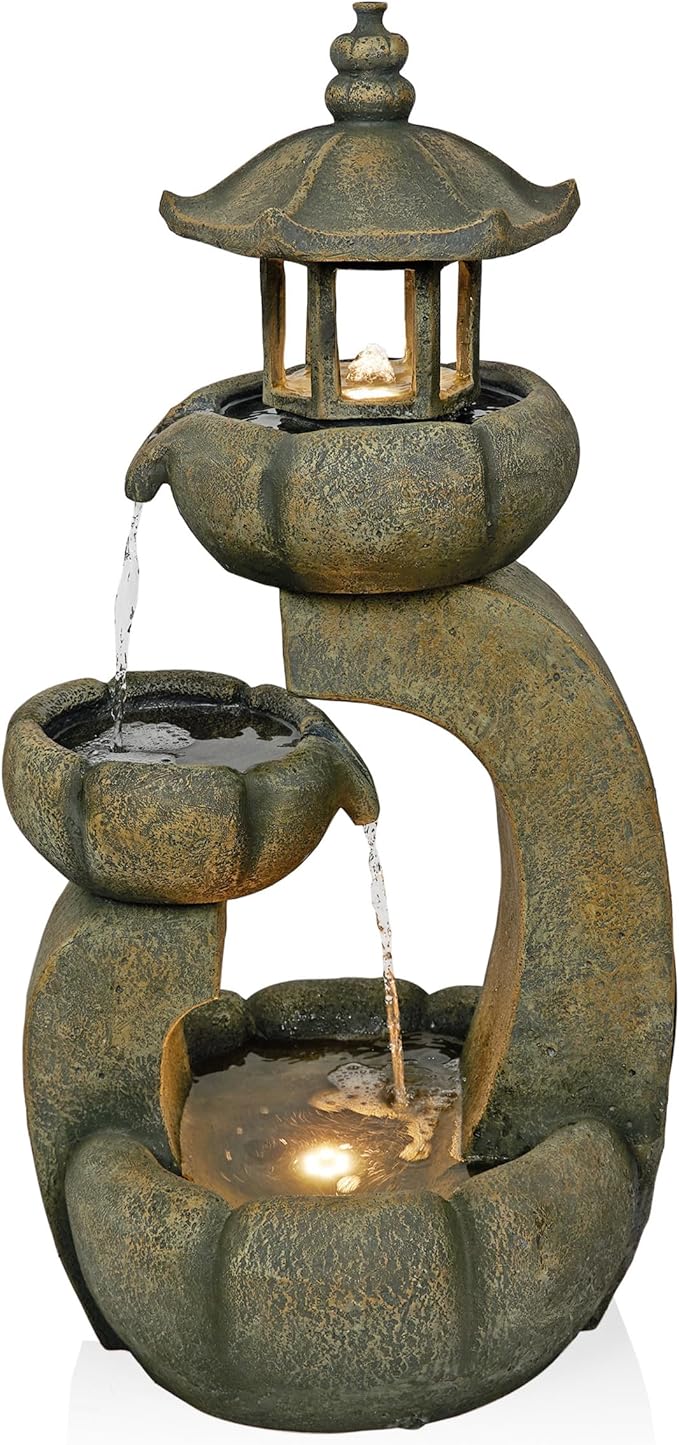 Alpine Corporation WIN1688 32" 2-Layer Pagoda Polystone Fountain with LED Lights, Cascading Waterfall, Outdoor Garden and Patio Water Feature, Zen Décor, Relaxing Sound, Brown