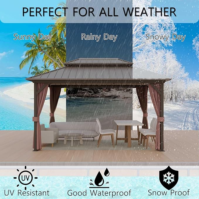 10'x12' Hardtop Gazebo, Outdoor Aluminum Frame Galvanized Steel Double Roof Pavilion with Netting and Shaded Curtains, Permanent Metal Pergolas for Patio, Backyard, Deck and Lawns.