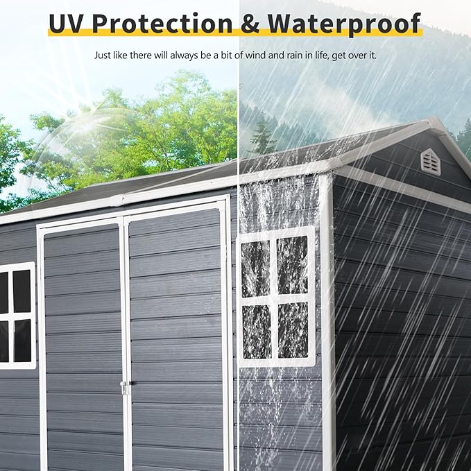 Outdoor Storage Shed with Two-Window and Double-Door, Resin Storage Shed with Lockable Door, Plastic Shed with Floor for Gargen, Patio, Yard, Lawn (Black, 8 x 6 FT)